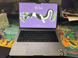 Open, front-facing view of a dark grey MacBook Pro with the screen turned on and showing art of my fursona. It all looks pretty normal, aside from being a bit dirty and having a sticker partially covering up some patchy splotches on the bottom left of the palm rest.