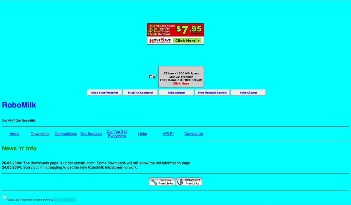 A screenshot of a basic webpage with black text and several horizontal rules placed against an obnoxiously cyan background. About half of the page is taken up by banner adverts.