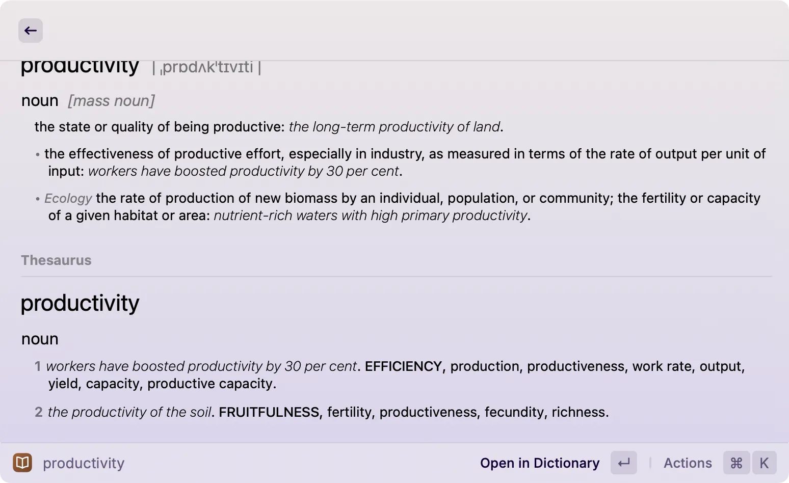A screenshot of A white, somewhat glossy window, which is showing the dictionary definitions and synonyms for the words 'productivity'.