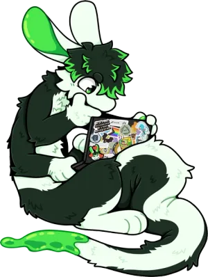 A black, white and green cat-rabbit-like creature with a long tail, long ears and four arms. It sits on the ground, hunched over a stickerbombed laptop, deep in thought.