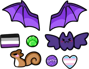 A collection of various designs including purple bat wings, the agender pride flag, and green paw print in a circle, a blushing cartoon bat, a squirrel, the word 'batty' surrounded by bat silhouettes, and a heart-shaped transgender pride flag.