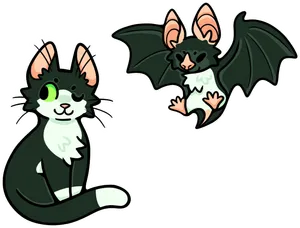 Simple illustrations of a cat, sitting and winking at the viewer and a leaf-nosed bat flying.