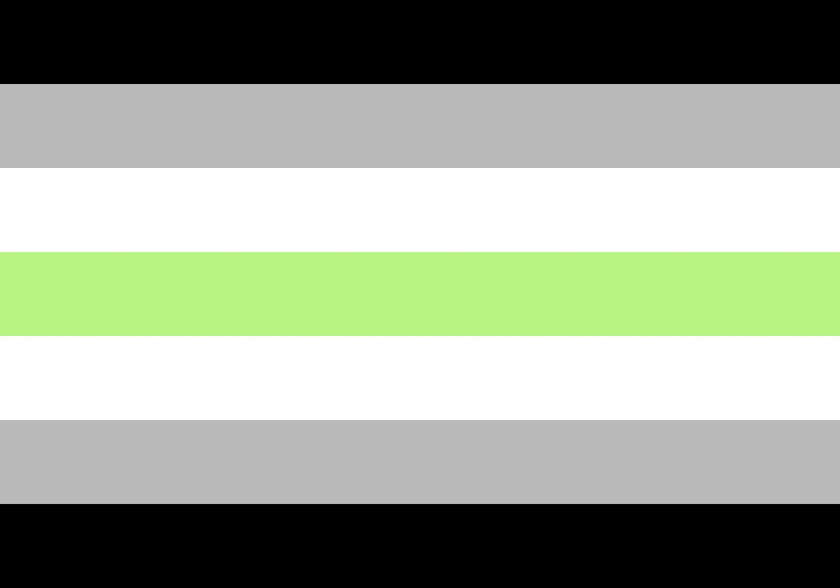 The agender pride flag. A field of seven horizontal, coloured stripes (from top to bottom: black, grey, white, light green, white, grey, and black).