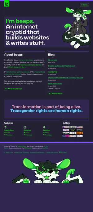 The 'after' homepage page. The introductory paragraph is smaller and displayed with a box behind it;the blog posts and 'about me' section now appear next to one another without illustrations; the 'trans rights' banner looks simpler; and the webrings and buttons have been moved from the footer to the page content.