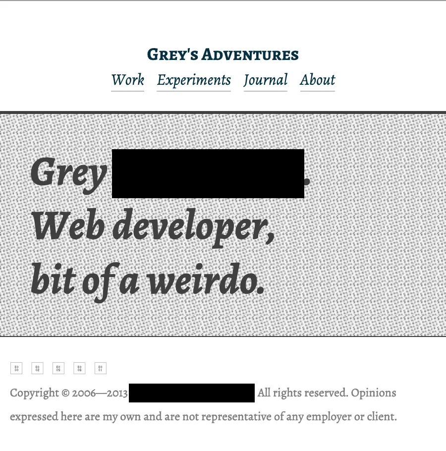A mobile screenshot of a monochromatic black and white webpage, with large bold text reading 'Grey [REDACTED]. Web developer, bit of a weirdo.' atop a halftone shaded background.