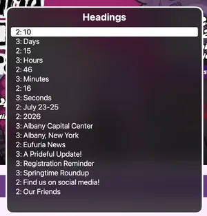 Screenshot of VoiceOver's headings rotor, showing a list with a number of elements that shouldn't really be headings.