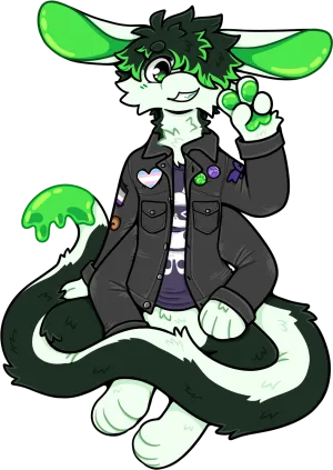 A black, white and green cat-rabbit-like creature with a long tail, long ears, and four arms. It looks at you, smiling toothily and throwing a peace sign. It's wearing a black denim jacket covered in various patches and a purple t-shirt.