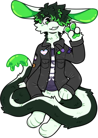 A black, white and green cat-rabbit-like creature with a long tail, long ears, and four arms. It looks at you, smiling toothily and throwing a peace sign. It's wearing a black denim jacket covered in various patches and a purple t-shirt.