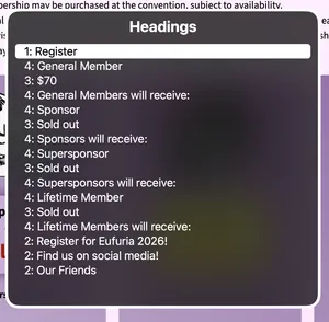 Screenshot of VoiceOver's headings rotor, headings being arbitrarily combined h3 and h4 elements.