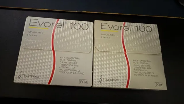 Photograph of two small, square, beige boxes labelled: Evorel 100, estradiol patch, 8 patches.