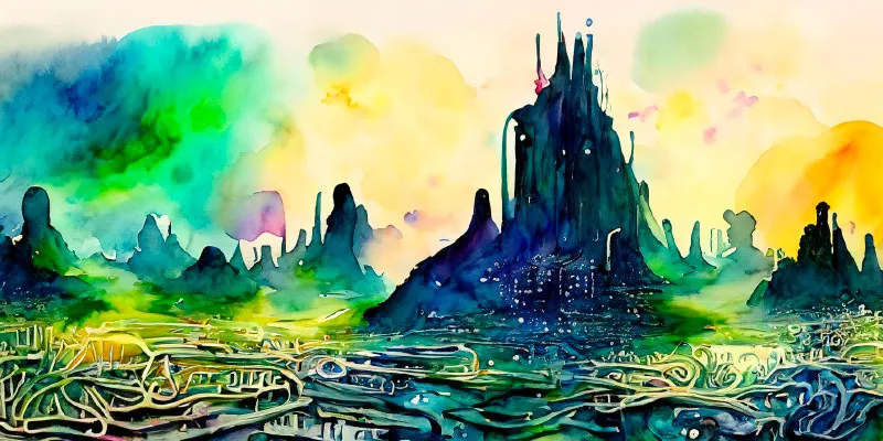 A watercolour-style painting of an alien landscape in green and yellow hues, with the ground covered in a winding tangled array of wires.