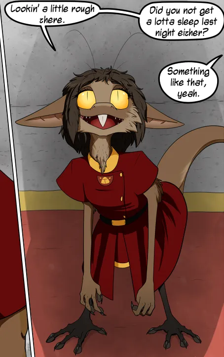 A cropped comic panel featuring a short creature with brown fur; long, narrow arms and legs; an elongated tail ending in a puff of fur; long, pointed ears; human-like medium-length hair; and a large, pointed front tooth. They're like a cross between a wading bird and some sort of mammal, with a raptor-like body layout.