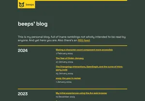 The 'after' archive page, featuring posts listed vertically in a single column, with the year floated to its own column on the left.